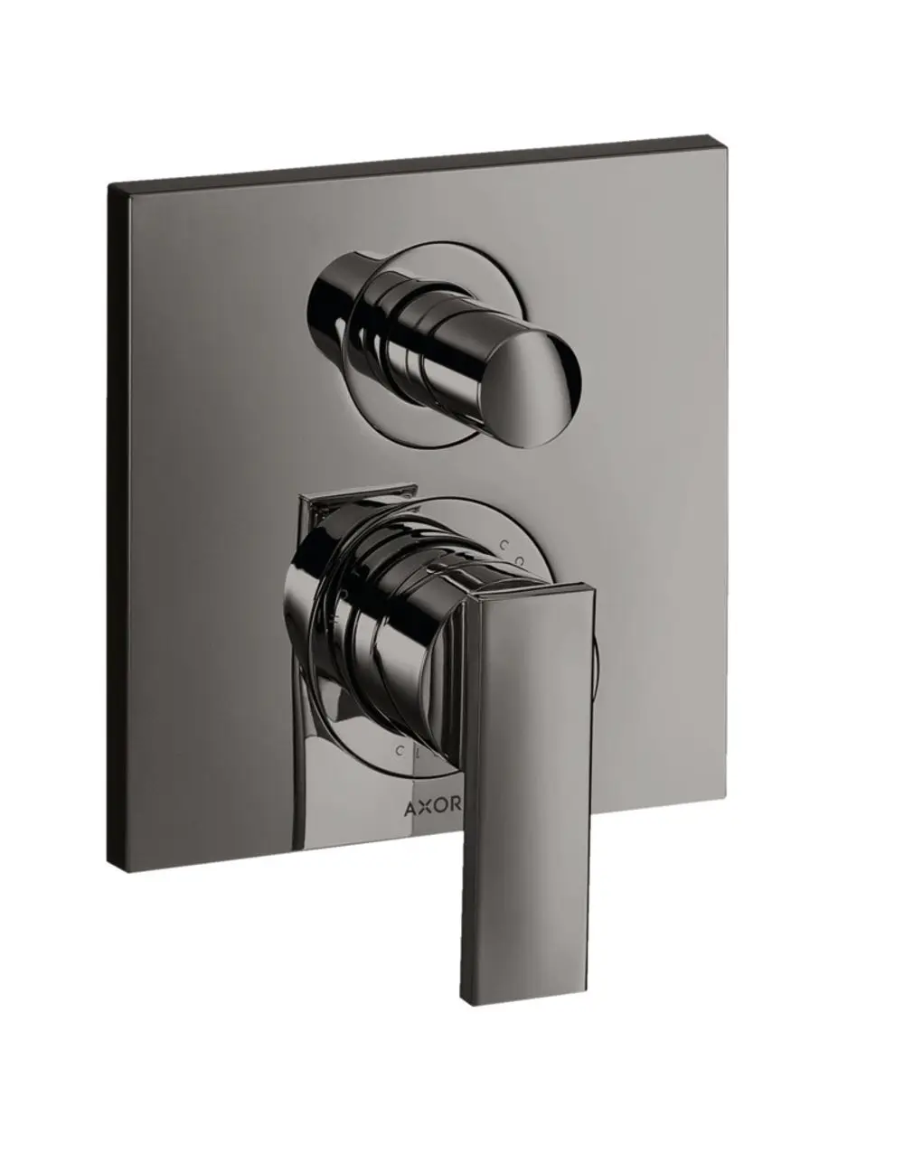 Wannenmischer mit Hebelgriff in Polished Black Chrome von AXOR. Das Design umfasst zwei Bedienelemente auf einer rechteckigen Wandplatte.